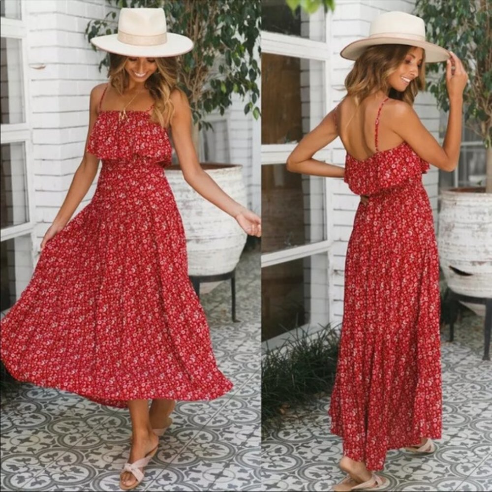 Ruffle Cami Boho Floral Gypsy Print Maxi Dress - Picture 8 of 16